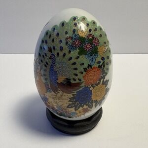 Vintage Japanese Peacock Decorative Egg w/ Wooden Stand Floral Ceramic